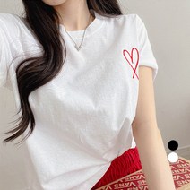 밀키버터 여성용 하트 자수 반팔 티셔츠