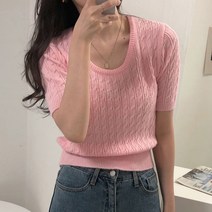 체리체리 여성용 케이블 유넥 가을 반팔 니트
