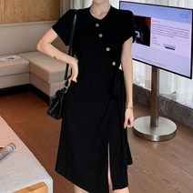 비비에모 사선버튼 트임 데일리 반팔 원피스 00181