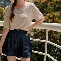 여성용 리투니 라운드넥 무지 베이직 린넨 반팔 티셔츠 cpt12779k35