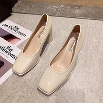스퀘어 크로커다일 에나멜 두꺼운 굽 포인트 펌프스 8cm