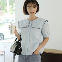 빼빼 여성용 자수 빅카라 반팔 블라우스