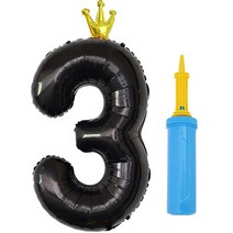 제이벌룬 은박 왕관 숫자풍선 대 3 + 손펌프세트, 블랙(풍선), 블루(손펌프), 1세트