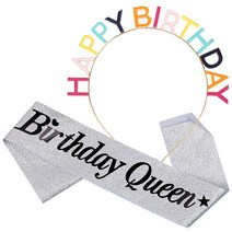 JOYPARTY 메탈릭 생일머리띠 + 생일어깨띠 Birthday Queen 세트, 레인보우(머리띠), 글리터실버(어깨띠), 1세트