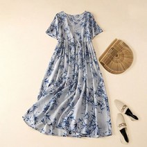 여성 린넨 롱 원피스 코튼 여름 루즈핏 넥 반팔 미디