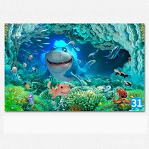뮤럴벽지 3D 자기접착벽화 해저세계 스티커 방수방습 오션월드 벽화, 수중 세계 31, 폭 300cmX 높이 200cm [3 사진 접합]