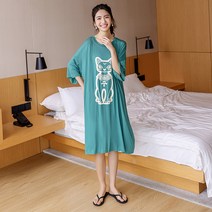 모달 긴 치마 여성 여름 지방 mm 잠옷 홈 M간 슬리브 인쇄 대형 크기는 느슨한 밤마다 착용