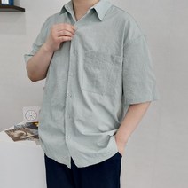 남자 오버핏 링클 시어서커 민트색 크림색 반팔 셔츠