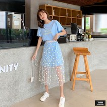가바바 여성 원피스 사랑스러운 데이지꽃 메쉬 스커트 포인트 투피스 G50616