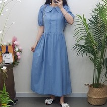 제이후 진청 연청 카라 허리끈 A라인 플레어 맥시 반팔 데님 롱 원피스