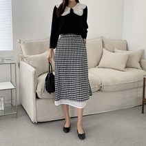옷자락 여자 깅엄 체크 레이어드 치마 A라인 슬릿 롱스커트