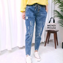 빅걸스토리 여성용 빅사이즈 허리밴딩 빈티지 구제 청바지
