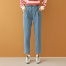 플레이팝 여성용 블루컬러 자체제작 밴딩으로편한 배기핏 일자청바지