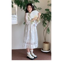 YAPOGI퍼프소매 원피스 여 2023 봄 목이 수술 차이나 매듭 미디 스커트