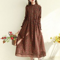 ROYALBELLE 여성 빈티지 잔꽃무늬 롱 원피스 긴팔 허리스트링 레이스 패치 겨울 원피스 V102845