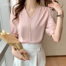 나바바 NB723 여성 진주체인 심플 브이넥 반팔 블라우스