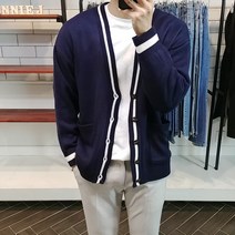 로니제이 루즈핏 브이 배색 라인 가디건
