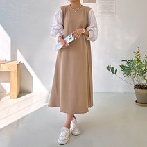 [쏭스타일] 퍼프셔츠배색롱원피스