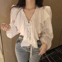 로필 / 프릴 아일렛리본 숄더패드 루즈핏크롭블라우스