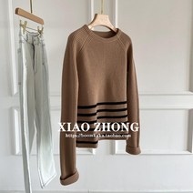 라운드넥긴팔니트 와이드 루즈핏 아웃라인 양털 울셔츠 보텀 줄무늬 블러킹 스웨터 여성 겨울 가을 2781004779