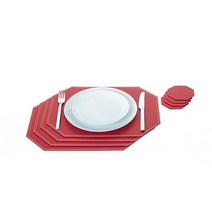 Nikalaz 블루 팔각형 소형 플레이스 매트 및 유리 컵받침 세트 테이블 4개 40 9 x 29 9cm(15 75 11 81인치) 10 9cm(3 94 3 94인치) 재활용 가죽, 15.75'x11.8', 레드