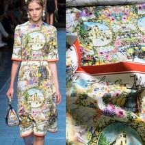 복고풍 풍경 성 면화 포플린 인쇄 직물 천 브랜드 패션 의류 셔츠 자카드 드레스 Alibaba 익스프레스102347