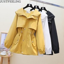 JUSTFEELING 미디 트렌치 코트 허리밴딩 싱글 단추 후드 집업 긴팔 빅사이즈 바람막이 카고점퍼 데일리