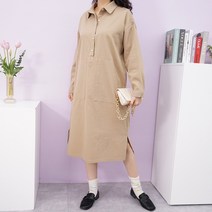 빅걸스토리 여성 빅사이즈 면 카라 단추 빅 포켓 옆트임 긴팔 원피스