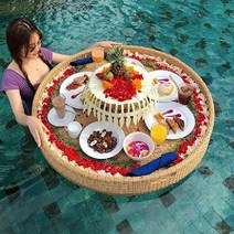 수영장 쟁반 바구니 풀빌라 해변 조식 트레이 플레이트, 구멍이 있는 원형 노란색(80X20cm)