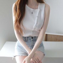 제니트 여성 오픈 니트 민소매 단추 그램사선나시