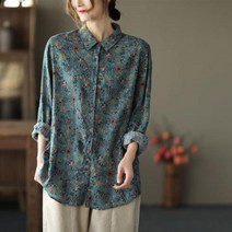 꽃무늬 블라우스 여성 캐주얼 코튼 셔츠 새로운 봄 빈티지 스타일 턴 다운 칼라 꽃 프린트 느슨한 긴 소매 탑스 D128