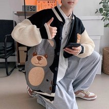 남자 겨울 사무실가디건 니트 정장 가디건 블랙 스웨터 코트 일본 인과 패치 워크 베어 자수 o넥 풀 옴므