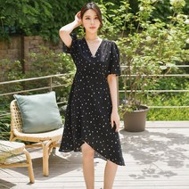 헤링본 여름 비치원피스 반팔 브이넥 블랙 도트 프릴 데일리 휴양지 바캉스룩 비치웨어 HD013