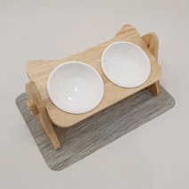 우리집상전 강아지 고양이 밥그릇 1구 2구 도자기 물그릇 애견 원목 높이조절 세라믹 수반 식기, 원목 식탁 2구(세라믹 식기2개 포함)