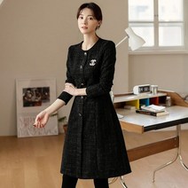 시크라인 실버 라인 블랙 버튼 A라인 트위드 원피스
