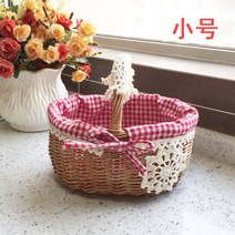 손잡이 라탄 수납 바구니 예쁜 레이스 패브릭 수납함, F