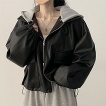 스트링래더 라이더가죽 자켓 캐주얼 루즈한 올 매치 짧은 후드탈부착