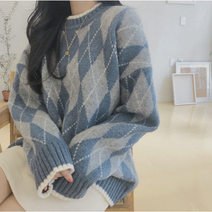 여자 체크 니트 스웨터 루즈핏 라운드넥 데일리 아가일