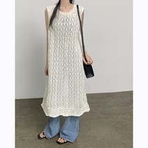 뜨개 나시 롱 니트 뒤트임 조끼 원피스