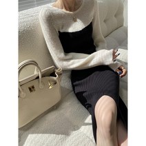 가을 플레어 롱원피스 코트를 매치한 흑백 스플리싱 스웨터 밑스커트 2023 신작 가 미