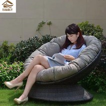 야외소파 세트 카페의자 정원 발코니 등나무 단일 라운드 회전 등나무 레저 안뜰 작은 안락 침대 가구, 개인, 싱글 소파(블랙 쿠션 포함)