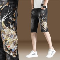 남자 화려한 동물 자수 청반바지 스판 데님 반바지 흑청 연청