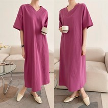 여름 50대 여성 미시 엄망소 데일리 캐주얼 무지 기본 77사이즈 브이넥 반팔 면 롱원피스