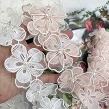 플라워레이스1마부터 두겹진주꽃모티브 아플리케 리본공예 헤어밴드재료, 핑크