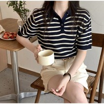 [랜덤플레이] 카라넥 데일리룩 스트라이프 반팔 니트티