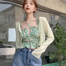 봄 여름 자외선 차단 자켓 Miss Spice Girl 꽃 홀터넥 반팔 캐미솔 + 숏 선 스크린 카디건 투피스 여성