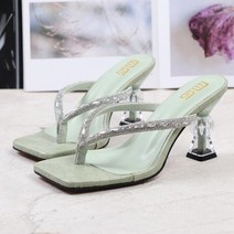 2022 여름 플립 플롭 크리스탈 슬라이드 여성 8cm 하이힐 뮬 크리스탈 반짝이 블록 로우힐 슬리퍼 반짝이 플랫폼 신발