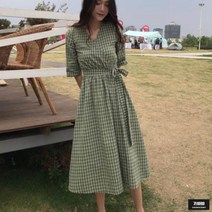 가바바 여성 원피스 린넨 사랑스럽고 예쁜 브이넥 체크 롱원피스 G49621
