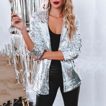 반짝이 스팽글 자켓 여성 이는 가을 겨울 패션 턴 다운 칼라 탑 레이디 캐주얼 긴 소매