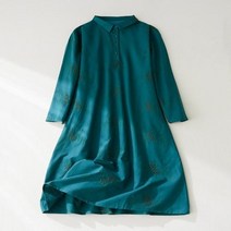 빅사이즈 드레스 여성 원피스 신상품 코튼 빈티지 그린 셔츠 캐주얼 루즈 롱 우아한 팜므 로브 패션 의류